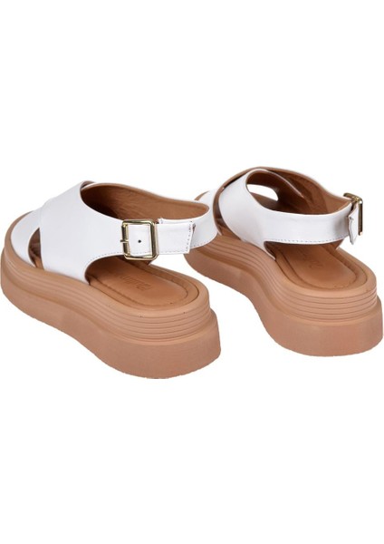 Hakiki Deri Kalın Taban Kadın Sandalet BEL-14748 Beyaz indirimleri