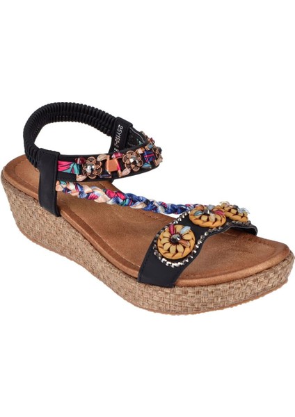 Taşlı Dolgu Taban Kadın Sandalet GJ-153-2 Siyah
