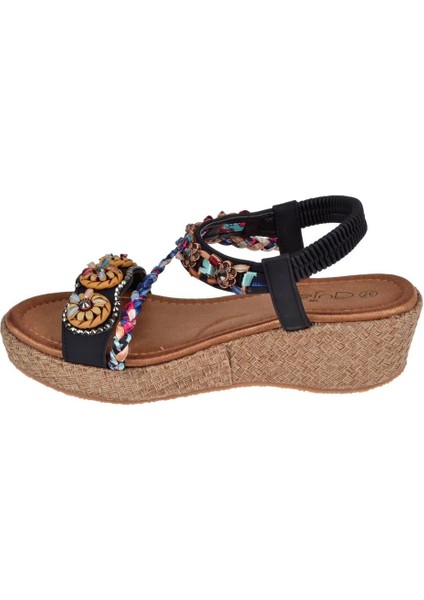 Taşlı Dolgu Taban Kadın Sandalet GJ-153-2 Siyah modelleri