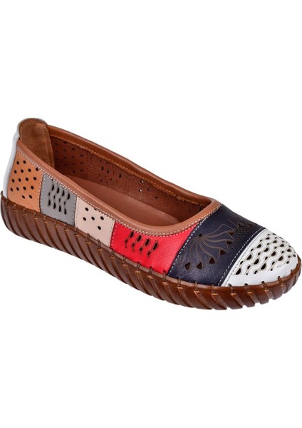 Hakiki Deri Comfort Kadın Babet AHU-6031 Beyaz Multi