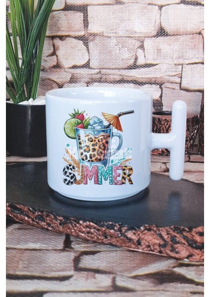 Summer Baskılı T Kulplu Latte Fincanı Kupa Bardak