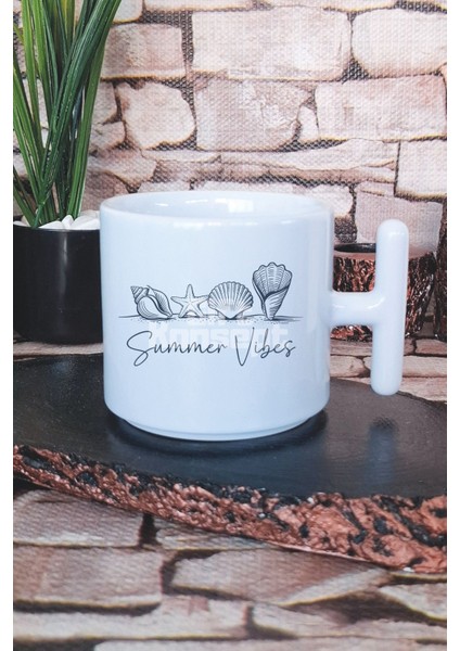 Seashell Summer Vibes Baskılı T Kulplu Latte Fincanı Kupa Bardak