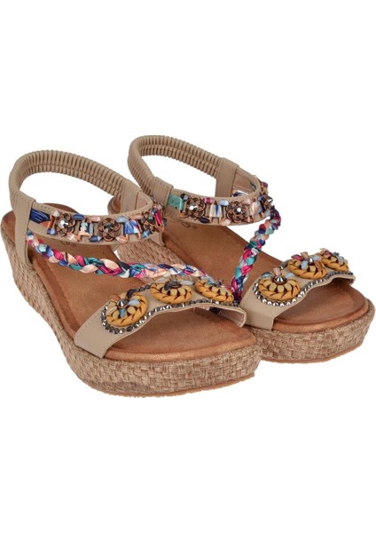 Taşlı Dolgu Taban Kadın Sandalet GJ-153-2 Bej fırsatları