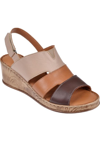 Hakiki Deri Comfort Kadın Sandalet Plm-01 Bej Multi