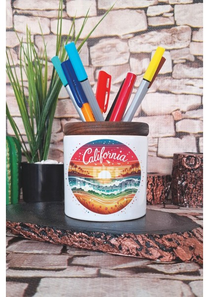 California Baskılı Seramik Kalemlik Masaüstü Düzenleyici