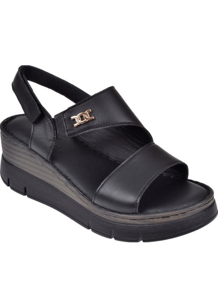 Hakiki Deri Dolgu Taban Kadın Sandalet BEE-1127 Siyah