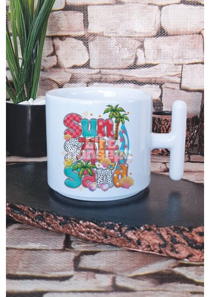 Summer Salt Sand Baskılı T Kulplu Latte Fincanı Kupa Bardak