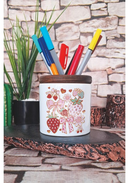 Çilek ve Kurdele No:2 Baskılı Seramik Kalemlik Masaüstü Düzenleyici