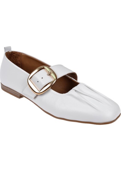 Hakiki Deri Önü Büzgülü Kadın Babet BEL-108 Beyaz