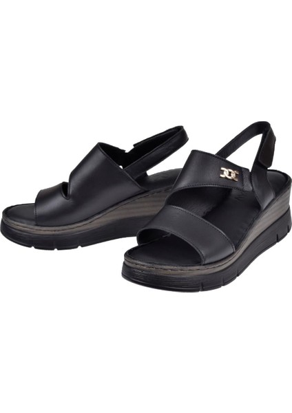 Hakiki Deri Dolgu Taban Kadın Sandalet BEE-1127 Siyah fırsatları