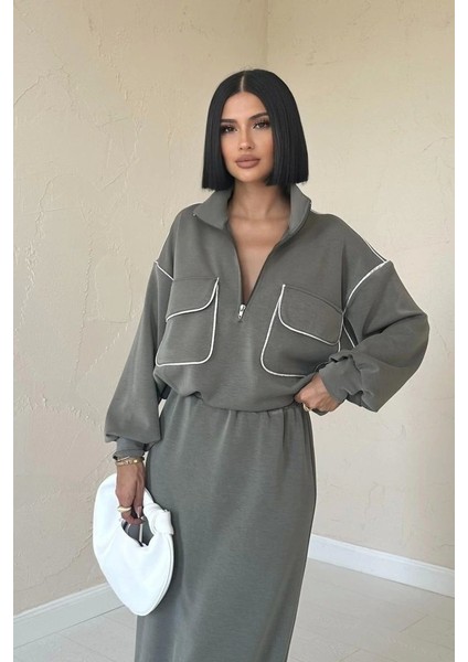 Haki Biyeli Sweatshirt ve Etek Takım fiyatları