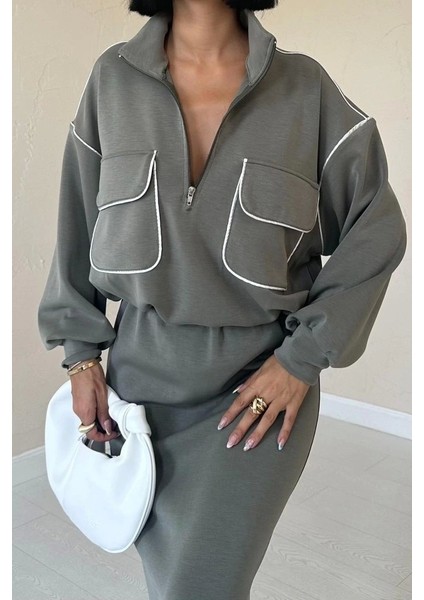 Haki Biyeli Sweatshirt ve Etek Takım modelleri