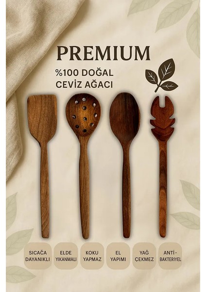 4'lü %100 Doğal Çizme Yapmaz Ceviz Ağacı Ahşap Mutfak Seti – Spatula, Kaşık, Kevgir, Maşa