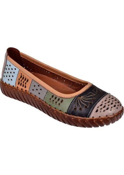Hakiki Deri Comfort Kadın Babet AHU-6031 Vizon Multi