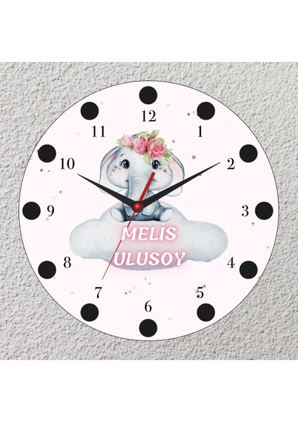 Sevimli Fil Temalı Isimli Cam Duvar Saati | Çocuklara Özel Tasarım 20X20