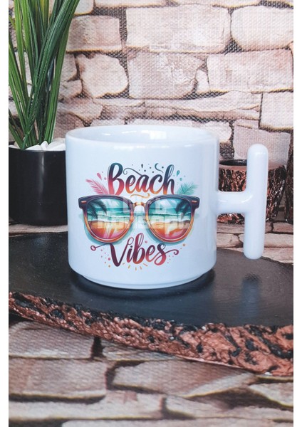 Beach Vibes Baskılı T Kulplu Latte Fincanı Kupa Bardak