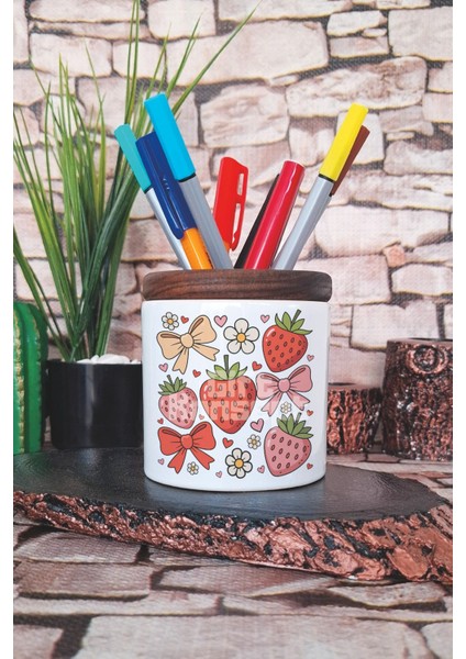 Çilek ve Kurdele No:3 Baskılı Seramik Kalemlik Masaüstü Düzenleyici
