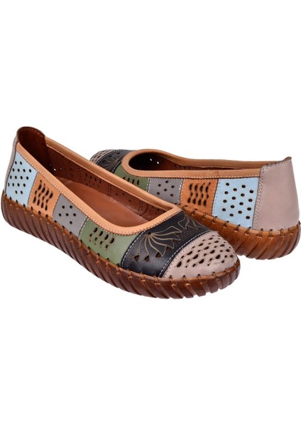 Hakiki Deri Comfort Kadın Babet AHU-6031 Vizon Multi indirimleri