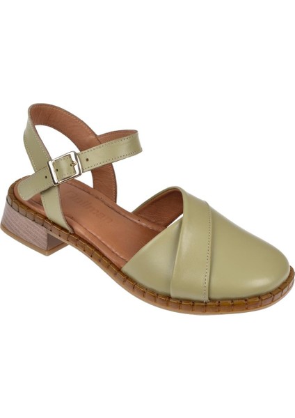 Hakiki Deri Burnu Kapalı Kadın Sanadalet BEL-040 Haki