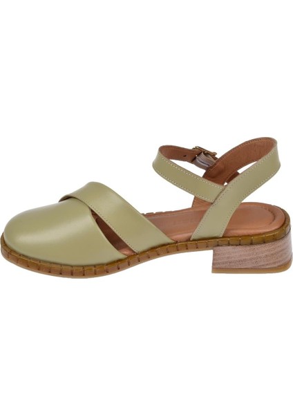 Hakiki Deri Burnu Kapalı Kadın Sanadalet BEL-040 Haki modelleri