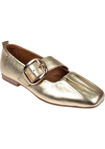 Hakiki Deri Önü Büzgülü Kadın Babet BEL-108 Altın