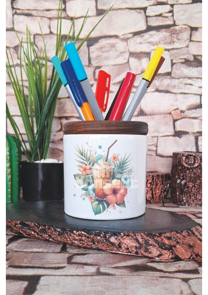 Yaz Kokteyli Baskılı Seramik Kalemlik Masaüstü Düzenleyici