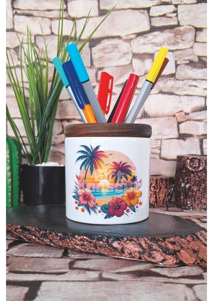 Gün Batımı Baskılı Seramik Kalemlik Masaüstü Düzenleyici