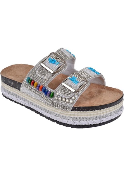Platform Taban Taşlı Kadın Terlik ZM-2520 Beyaz