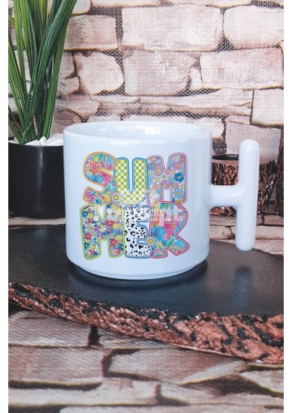 Summer Coastal Trendy Summer Baskılı T Kulplu Latte Fincanı Kupa Bardak