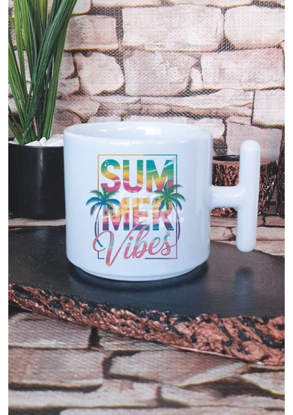 Summer Vibes Tropikal Baskılı T Kulplu Latte Fincanı Kupa Bardak