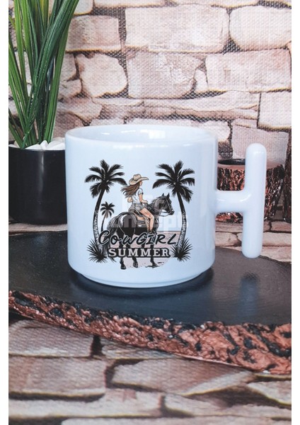 Cowgirl Summer Baskılı T Kulplu Latte Fincanı Kupa Bardak