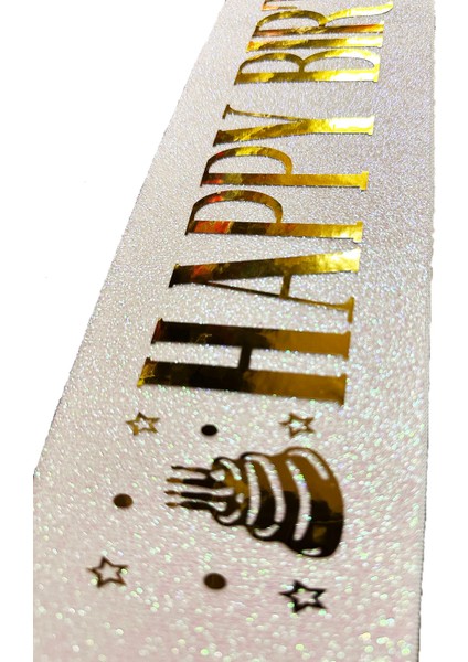 Beyaz Üzeri Altın Büyük Happy Birthday Yazılı Simli Işıltılı Kuşak Kemer 10 cm Genişlik modelleri