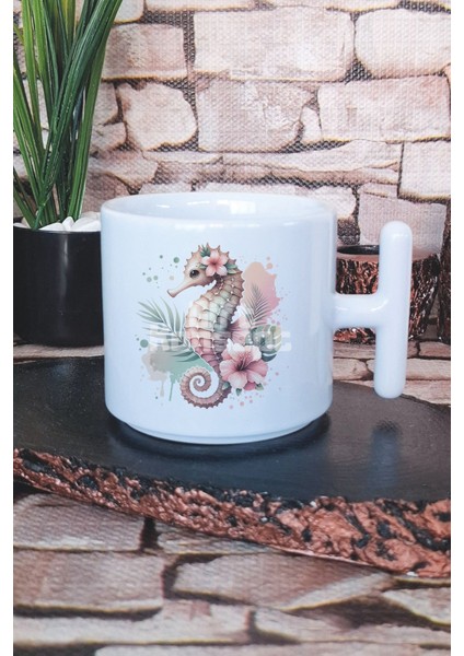 Deniz Atı Baskılı T Kulplu Latte Fincanı Kupa Bardak