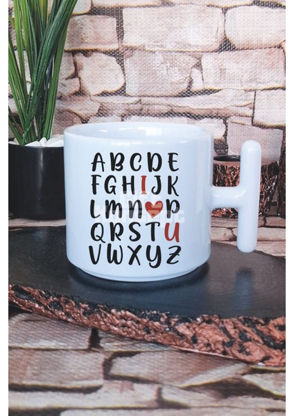 Alfabe I Love You Baskılı Sevgiliye Hediye T Kulplu Latte Fincanı Kupa Bardak