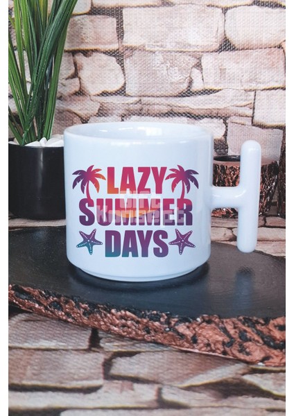 Lazy Summer Days Baskılı T Kulplu Latte Fincanı Kupa Bardak
