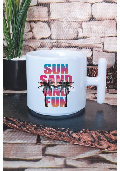Sun Sand And Fun Baskılı T Kulplu Latte Fincanı Kupa Bardak