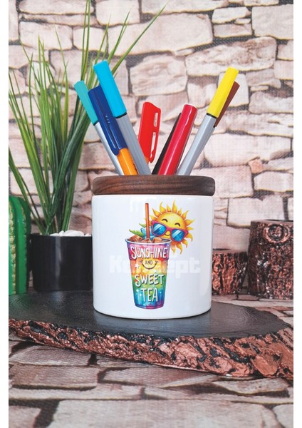 Sunshine And Sweet Tea Baskılı Seramik Kalemlik Masaüstü Düzenleyici