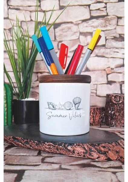 Seashell Summer Vibes Baskılı Seramik Kalemlik Masaüstü Düzenleyici