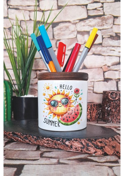 Hello Summer Baskılı Seramik Kalemlik Masaüstü Düzenleyici