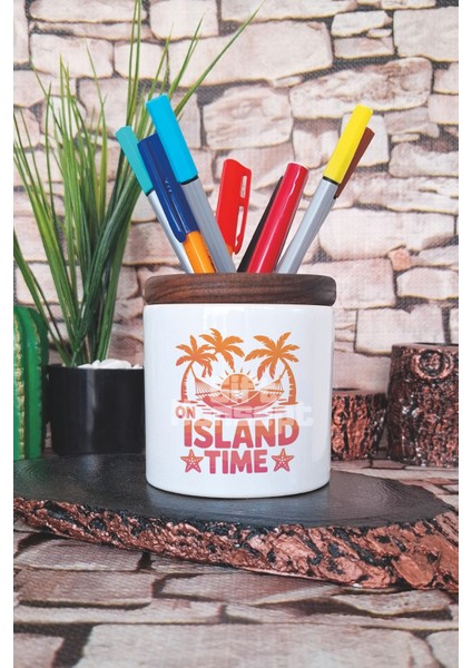 Island Time Baskılı Seramik Kalemlik Masaüstü Düzenleyici