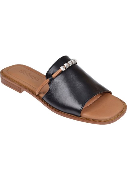 Hakiki Deri Taşlı Düz Kadın Terlik BEL-16251 Siyah