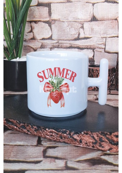 Summer Vibes Çilek Baskılı T Kulplu Latte Fincanı Kupa Bardak