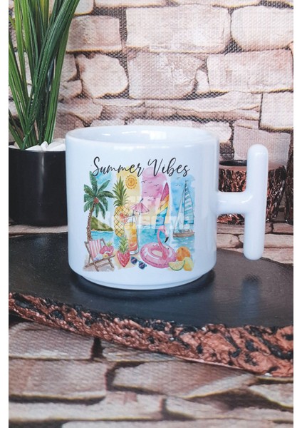 Summer Vibes Baskılı T Kulplu Latte Fincanı Kupa Bardak