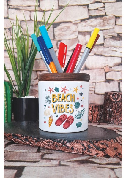 Beach Vibes Sahil Kum Terlik Baskılı Seramik Kalemlik Masaüstü Düzenleyici