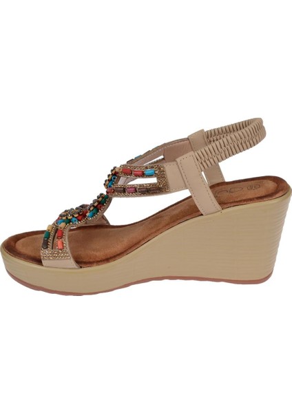 Taşlı Dolgu Taban Kadın Sandalet GJ-155 Bej modelleri