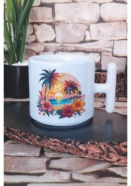 Gün Batımı Baskılı T Kulplu Latte Fincanı Kupa Bardak