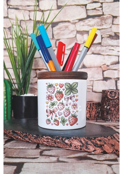 Çilek ve Kurdele No:1 Baskılı Seramik Kalemlik Masaüstü Düzenleyici