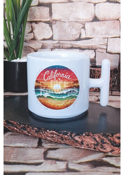 California Baskılı T Kulplu Latte Fincanı Kupa Bardak