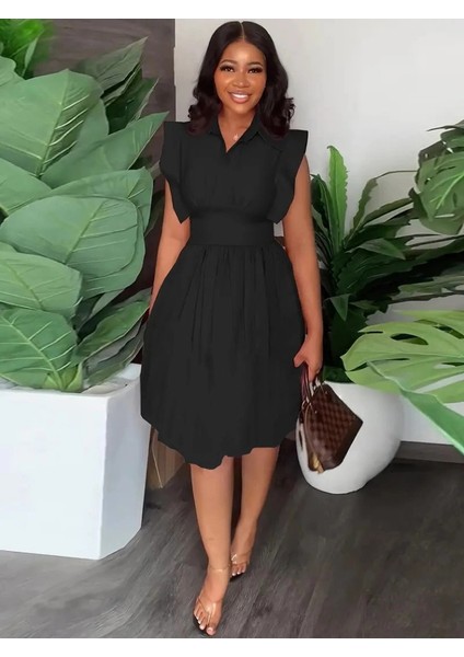 Kadın Yakalı Belden Oturmalı Önden Büzgülü Dokuma Mini Elbise modelleri