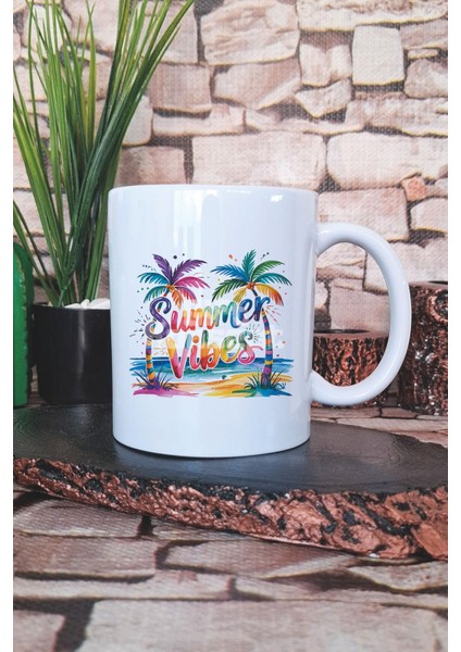 Summer Vibes Renkli Palmiyeler Baskılı Hediyelik Kupa Bardak